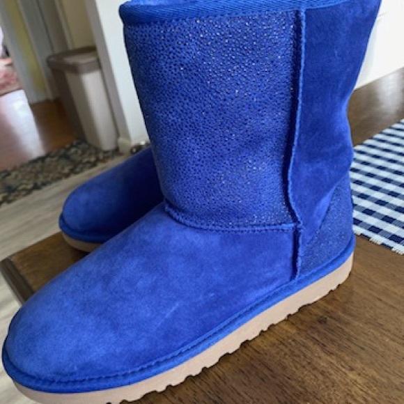 Uggs Milky Way Dark Denim Blue Sparkle Suede Fur Boots. Women's size 5. - Picture 3 of 6